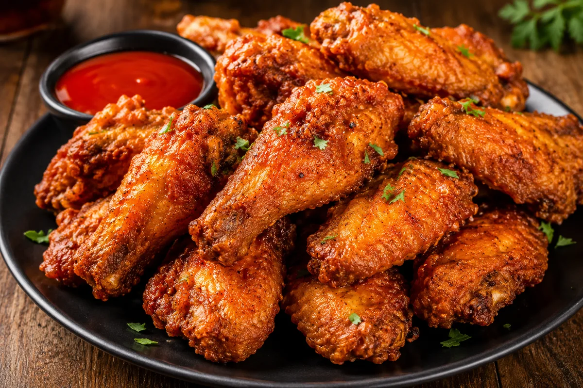 Plate of crispy fried chicken wings with dip