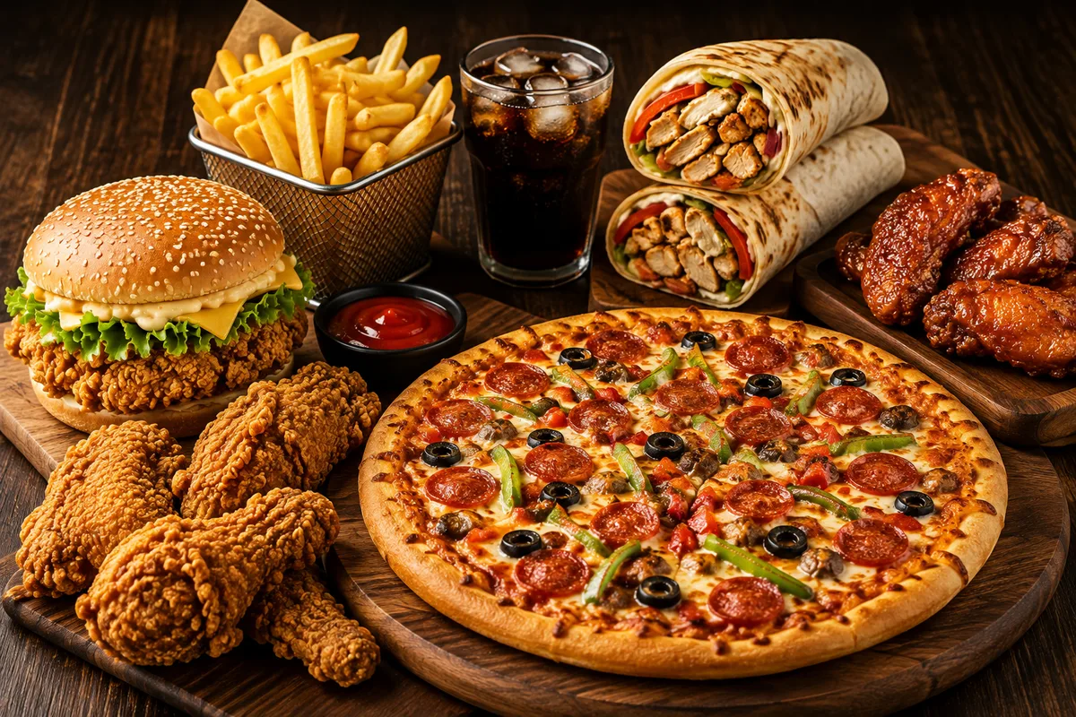 Full feast spread with pizza, burger, wings, wraps and fries