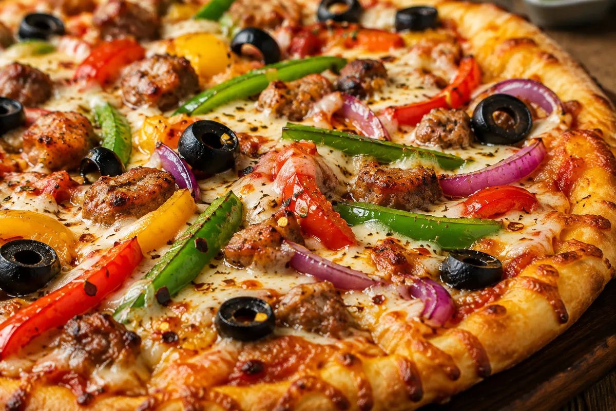 Close-up of a cheesy pizza slice with fresh toppings