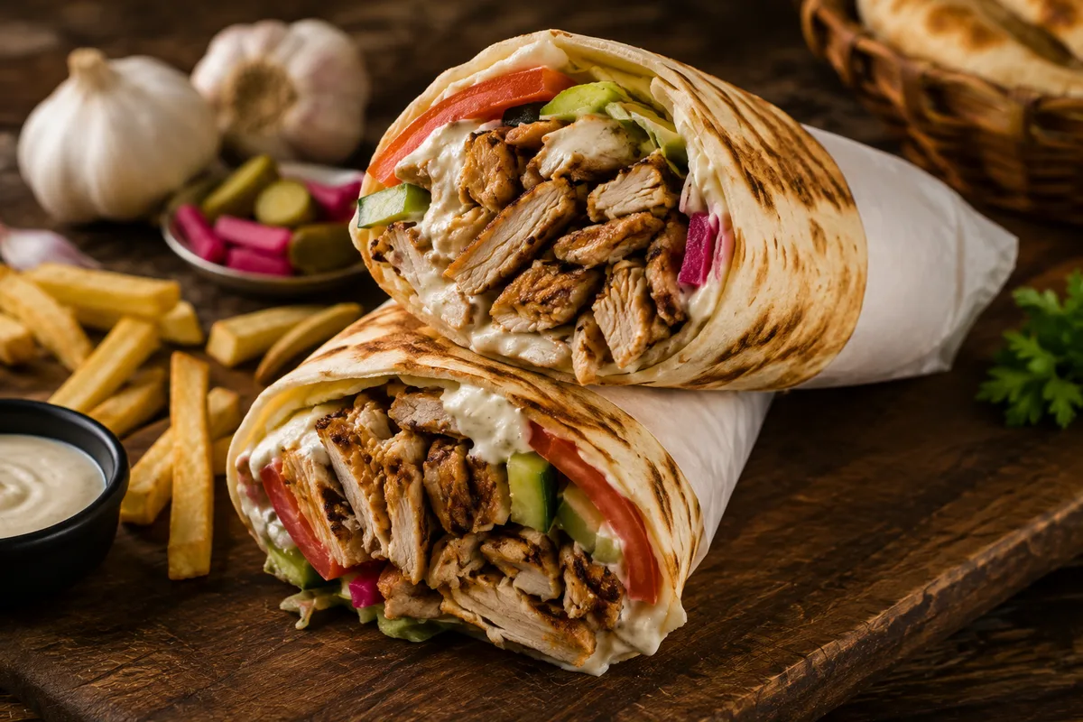 Chicken shawarma wraps with garlic sauce and fries