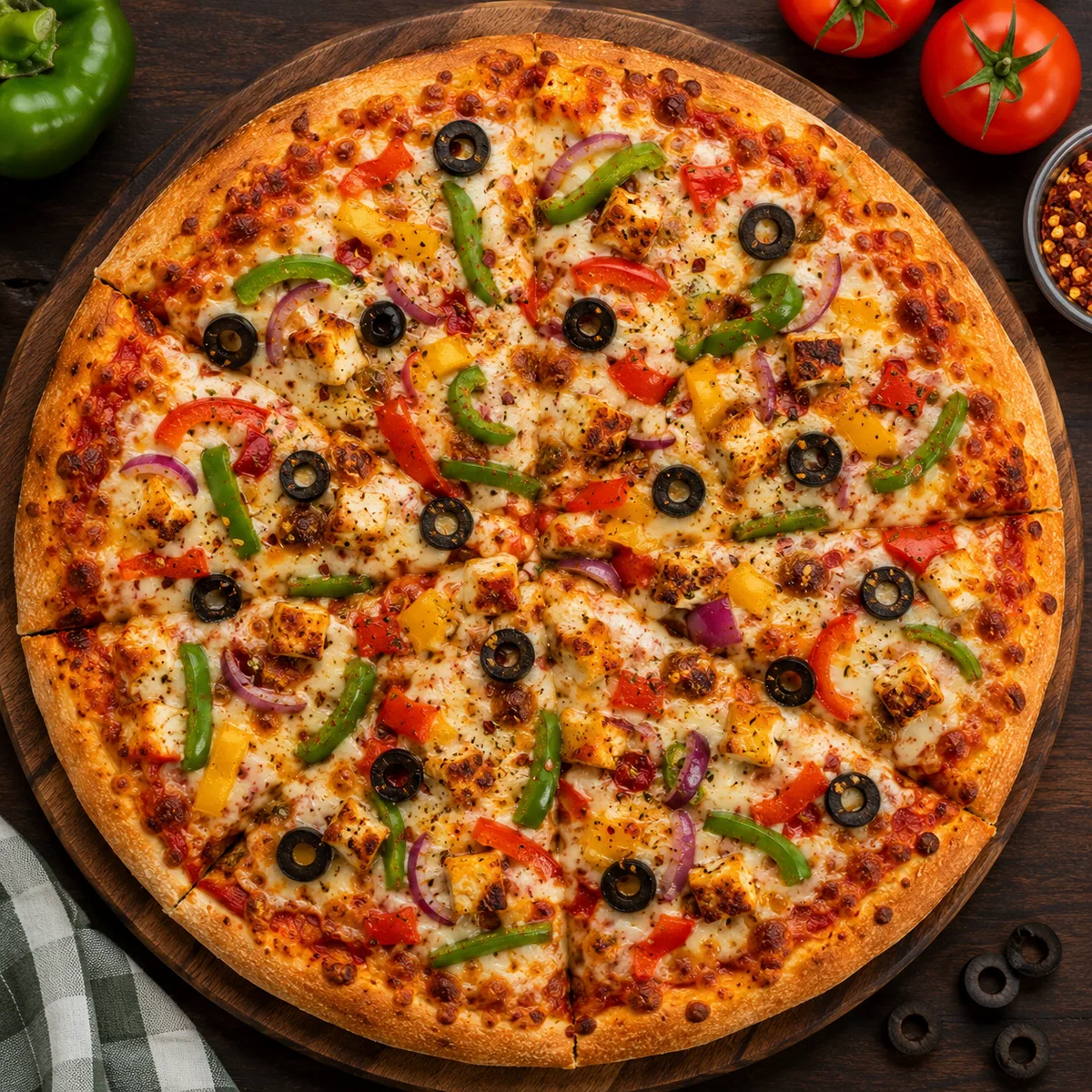 Supreme cheesy pizza loaded with chicken, olives and peppers