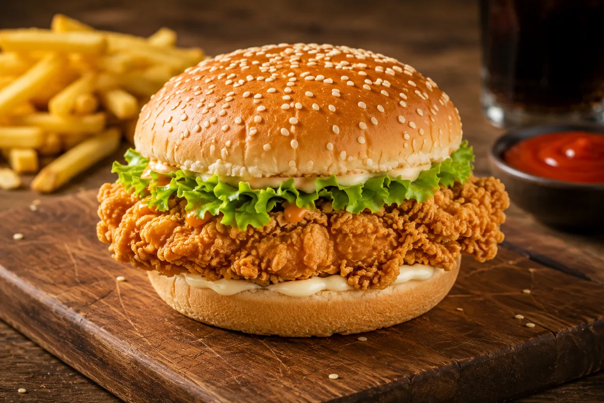 Crispy zinger burger with fries and a cold drink